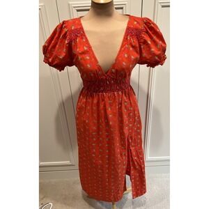Urban Outfitters Liliana Cherry Print Midi Dress Open Back Puff Sleeve Small